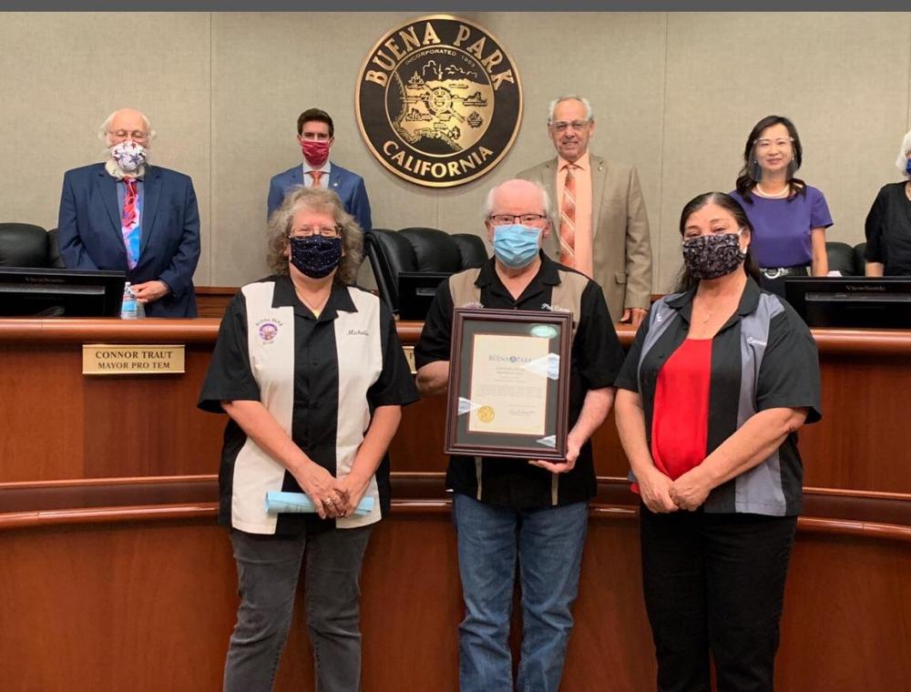 July. 2020 - Michelle Striley Trustee Chairman, Phil Covey ER, Carrie Piche Grant Coordinator, receive plaque from Burna Park City Council for our Lodges Covid-19 relief efforts. 