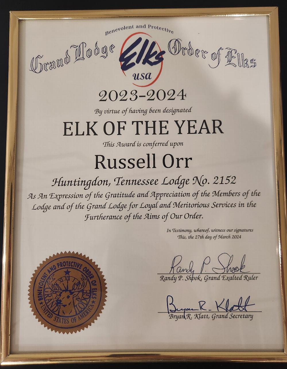 Elk of the Year Russell Orr "Rooter"