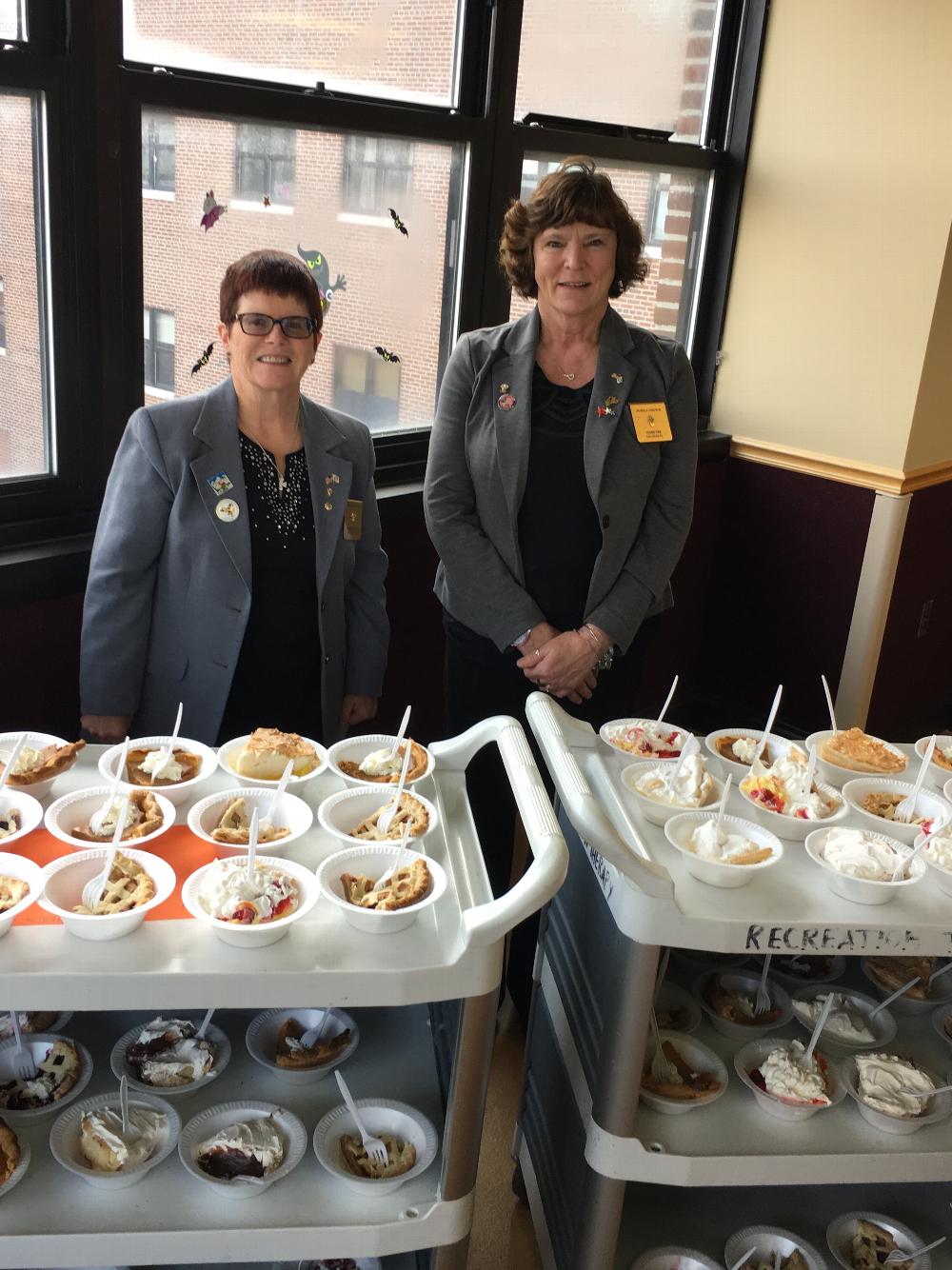 We visited the Syracuse VA Hospital and shared 32 homemade pies. Pictured on the left is Veterans Committee Chair and PER Cathy Duncan.  On the right is Exalted Ruler Debbie Kirk.  