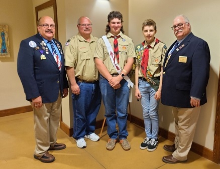 Secretary Rod Deuel, Scoutmaster Scott Nondorf, Eagle Scout Todd Keifer, Eagle Scout Dereck Kirchhoff, and Exalted Ruler Bruce Tinkham at the Scholarship and Youth Recognition Banquet in 2021. 