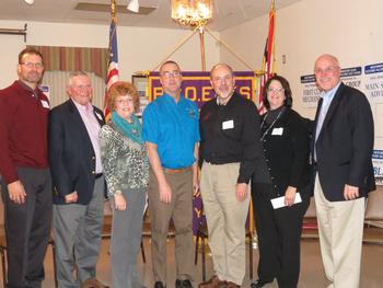 On January 16st, the Westminster Elks Lodge celebrated its kickoff event for their 35th annual Fletcher/Falcone Charity Golf Tournament to be held on June 30th.   Over fifty hole sponsors attended which raised over $28,000 for scholarships & charities around Carroll County last year.  Pictured from left to right include; Curtis Serafin  (father of a college scholarship recipient), Gary Youngworth (Scholarship Committee Chair), Sherry Osborne (Cribs for Kids), Hank Martin (ER), Don Rowe (The ARC), Brenda Meadows (Shepherds Staff), and Jim Aumiller (Golf Chairman).