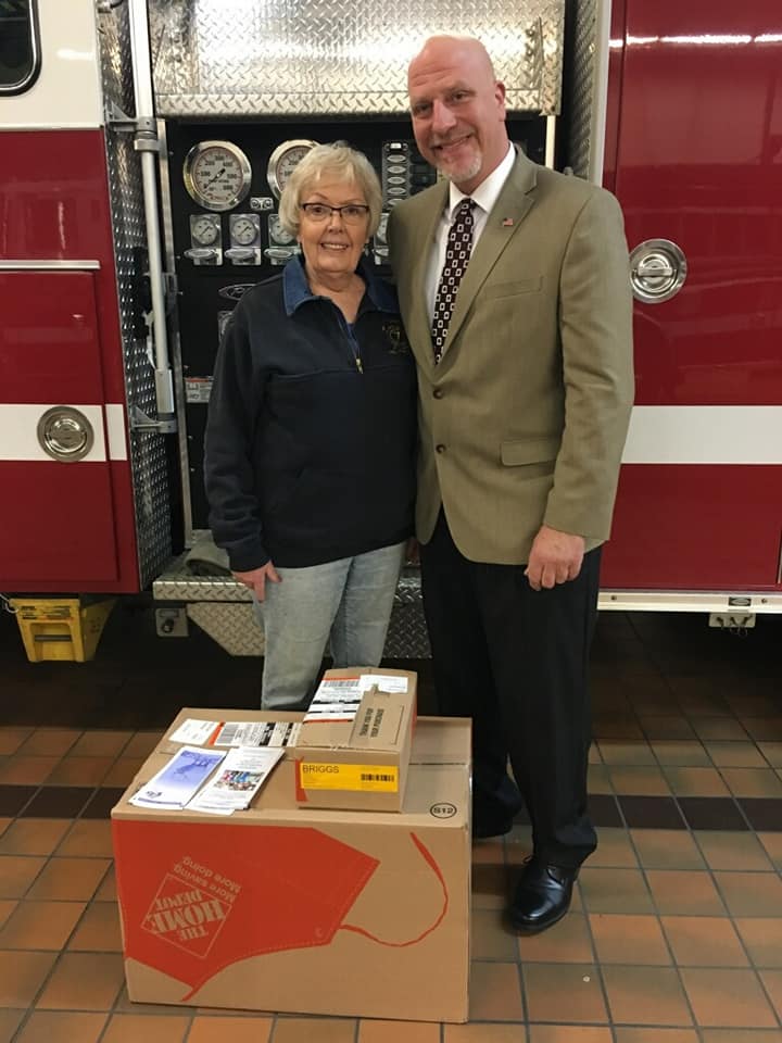 In celebration of the 150th anniversary of the Elks organization, the Bowie Elks Lodge #2309 in Gambrills gifted the AVFD with more than 50 combined smoke/carbon monoxide detectors to distribute to the community. Elks president Brian Shifter presented them to AVFD company president Kitty Gross at Station 7. The lifesaving donation was made possible by a $1,500 grant from the Elks National foundation also known as ENF. For more information on other grants and scholarships available visit www.Elks.org. Story and photo by Julie Peterson.
