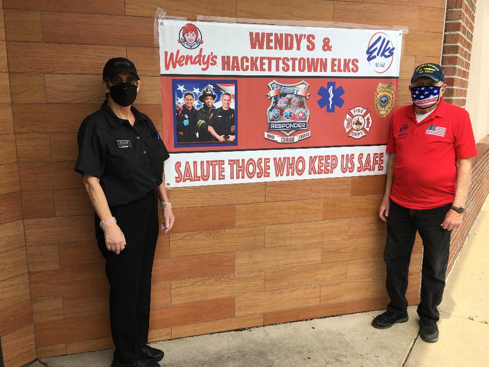 PER, Fred Spages, (R) with a member of Wendy's staff getting ready to honor first responders during the first week of May. All first responders received a free meal and a thank you card from the Lodge.