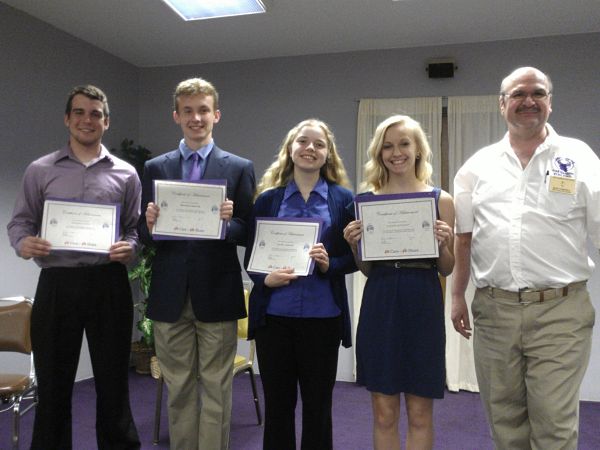 Elks Scholarship recipients receive their certificates at our Youth Awards dinner held May 7th. 
From the left: Benjamin Etzell, Brendan Bristow, Rachel Margraf, Savannah Wilson and PER Mike Campbell, Lodge Youth Activities and MVS Chairman.