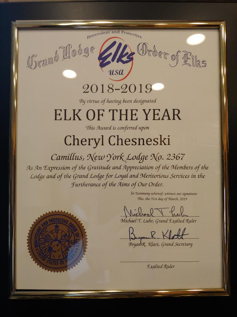 Lodge Secretary Cheryl Chesneski was named Elk of the Year for 2018-2019.