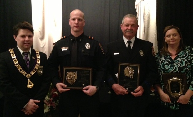 Policeman of the Year, Fireman of the Year and Citizen of the Year. 2013-2014 Award Winners with then Exalted Ruler, Chris Pool.