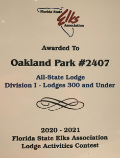 What does this mean? The All-American Lodge Contest is run by the national activities committee. Each lodge is invited to complete a contest form which awards points for the various activities they have achieved throughout the year. Based on the point tallies, one lodge from each division is awarded the status of All-State Lodge. Divisions are categorized based on the number of members. Division 1 is lodges with 300 or fewer members. Each winner at the state level is moved on to the National level and a national winner is determined based on points once again. So we are now in the running to become an All-American Lodge. Congratulations to all of you, our members, for being so warm, friendly, and active this Elks year. Let's make it happen again.