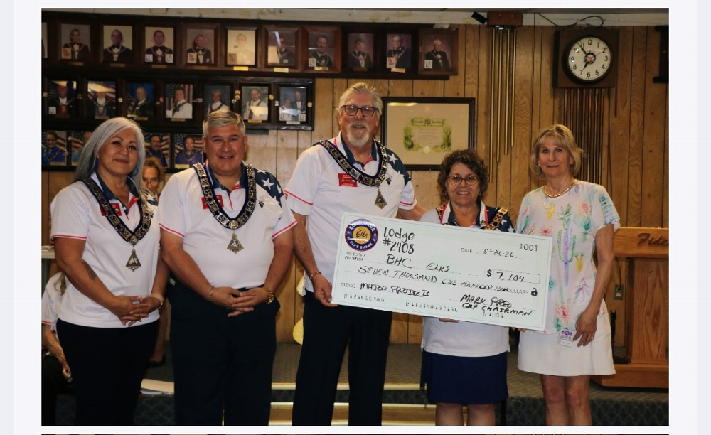 On April 25th the Bullhead City Elks held their 2nd annual Golf Tournament at the Mojave Golf Resort. 72 Golfers participated. 100% of the proceeds were donated to the Steele Children's Research Center and the Jack Warter  Youth Camp. A total of $7100.00 was raised. Pictured left to right; Esteemed Lecturing Knight Ruth Frausto, Esteemed Loyal Knight Dean Martinez, Esteemed Leading Knight Mark Preo, Exalted Ruler Deborah Rozsi and Elk member Vicki Hoag.