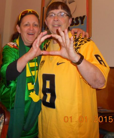 Dawnette and Alice rooting for the Ducks as they Beat the Florida Seminoles in the Rose Bowl!