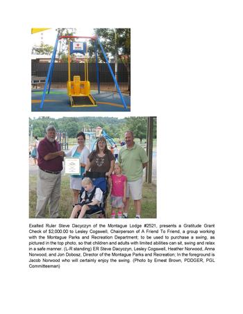 Exalted Ruler presents donation for the handicap swing to Montague Parks and Rec.