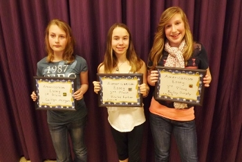 Caitlyn Morgan, winner of the 2012-13 Americanism Essay Contest Division 2; Emilee Fortier, 2nd place; and Bailey Dunphy, 3rd place.