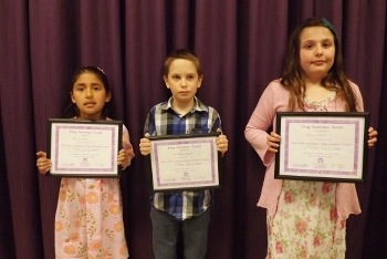 Emma Shaw, 1st place 2012-13 Drug Awarness Coloring Contest (girls' division); Nicholas Boynton, 1st place, boys' division; and Brianna Paine, 2nd place, girls' division.