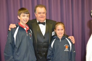 Loyal Knight and Hoop Shoot Committee member Bob Meckley poses with State Winners Colby Esty (left) and Jaycie Christopher at the annual awards banquet. Jaycie also won the New England Regional Championship in her age division.