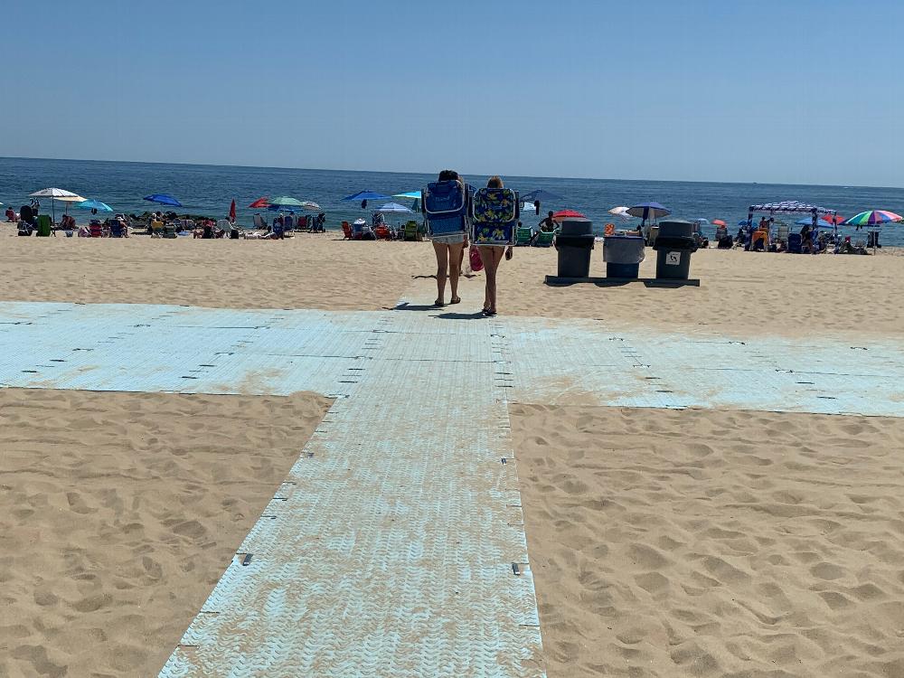 Hardscape Decking installed on Manasquan Elks beach. This decking will allow for added handicapped beach access for conventional wheelchairs, walkers canes and individuals with trouble walking in general