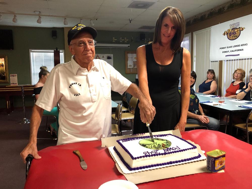 Pictured is Joe Cataldo, a
Past Elk of the Year and a 52 year member celebrating with Cathy Peterson who is the
daughter of our Charter Exalted Ruler, Joe Carroll.  They were sharing the cake
cutting duties in celebration of our Lodge Anniversary. It was a fun night. Robin
Sonntag cooked her famous chicken fried steak dinner on September 25, 2020.