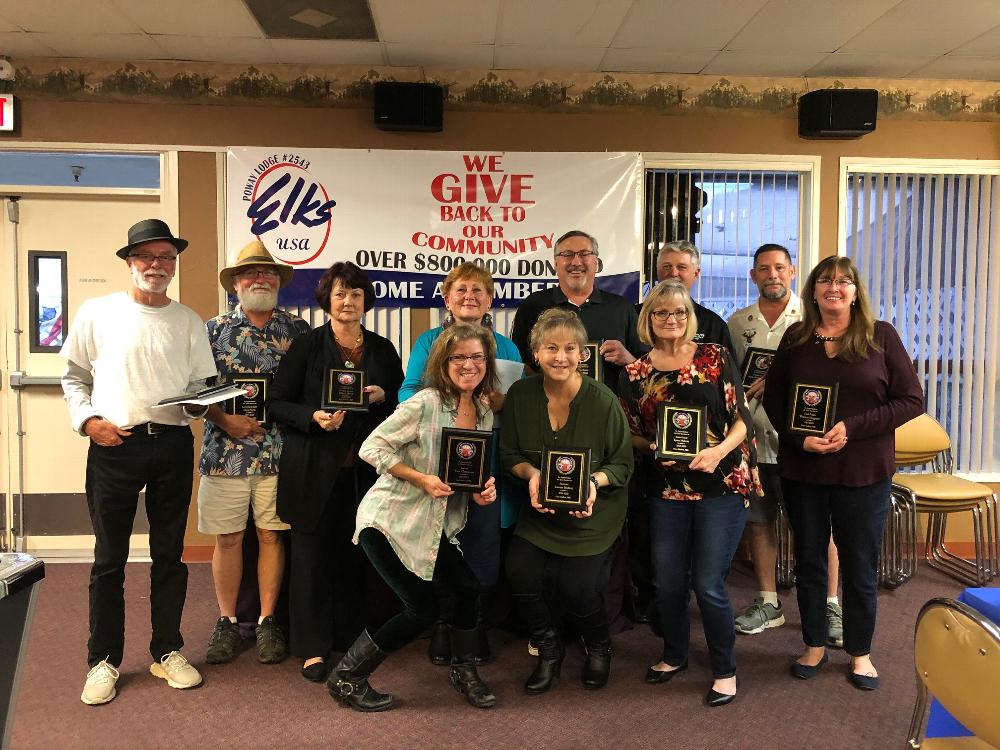 2019-2020 Poway Lodge Officers at the ER Awards Dinner received plaques of appreciation. Officers in attendance were George Melious, Greg Payne, Diane Sharp, Julie Clemmons, Larene Mullett, Lynn Melvin, Theresa Haggerty, Linda Tucker, Terry King, Dave Mullett PER ER, and Norm Kaufman PER. Not pictured are Sandi Curtis, George Acuna, and Mikki Thomas. 