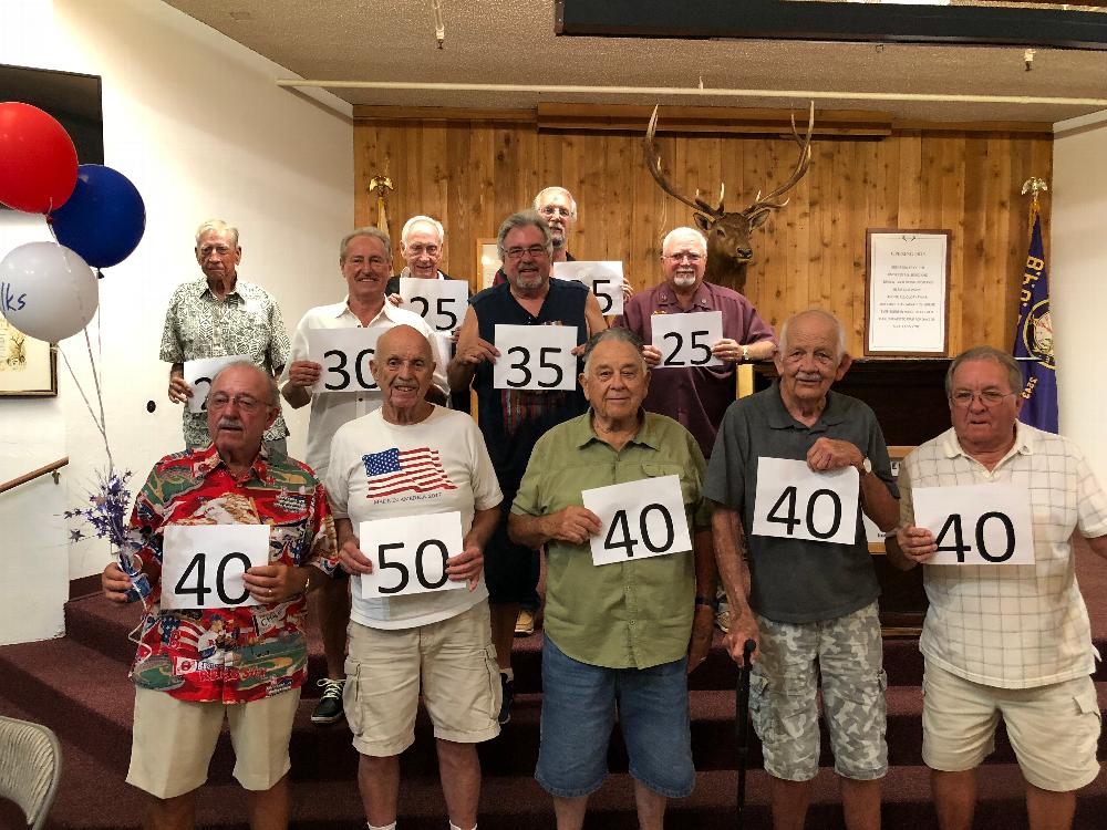 'Old Timers' at the recognition dinner held in their honor, August 17, 2018.
David Peterson, John Short, Leo Lennemann, Bob Barron,Larry Rasmussen, Kevin Farrell PER, Norm Chabot PER, Max Hagan, Ernie Hernandez, Bernie Duddy, and Bill James. 