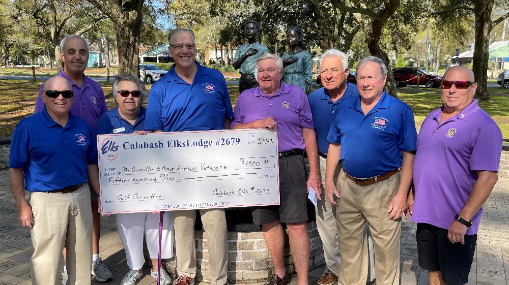 Calabash NC Lodge Charity Golf Tournament recently made a $1500 donation to the Committee to Honor American Veterans in Sunset Beach.  The Committee to Honor America’s Veterans is a group of residents of Brunswick County who came together with a goal of constructing a Veterans’ Memorial in our region. The CHAV Veterans             Assistance Program,works with local organizations to provide assistance to localveterans and service members in need.  

