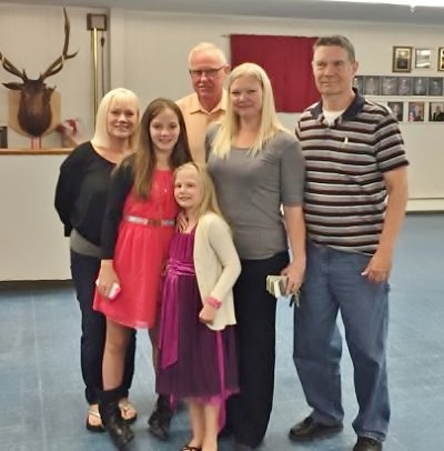 An Oct. 3, 2015 spaghetti dinner at the Sebasticook Valley Lodge raised $2,467 for the Kaylee Jarvis family to help with the youngster's medical expenses. In addition, a $500 donation from the Modern Woodmen Fund was presented to the family. Pictured, from left, are Dawn-Anne McMann, Kaylee's grandmother; Kaylee Jarvis; Roger McMann, Kaylee's grandmother; Angela Jarvis, Kaylee's mother; and Exalted Ruler Mike Lange. Front: Kaylee's younger sister, Ashlee.