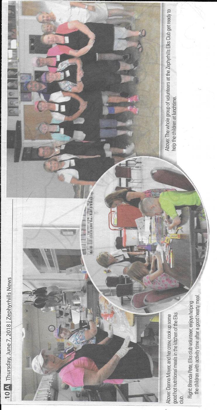 Feeding the Children. On the right, the Whole Group of volunteers getting ready to help the children at lunchtime. On the left, Donna Moyer and crew cook up some good hot nutritional meals in the Elks kitchen. And the middle photo, Brenda Pete, Elks Club volunteer enjoys helping the children with activity time after a good hearty meal.