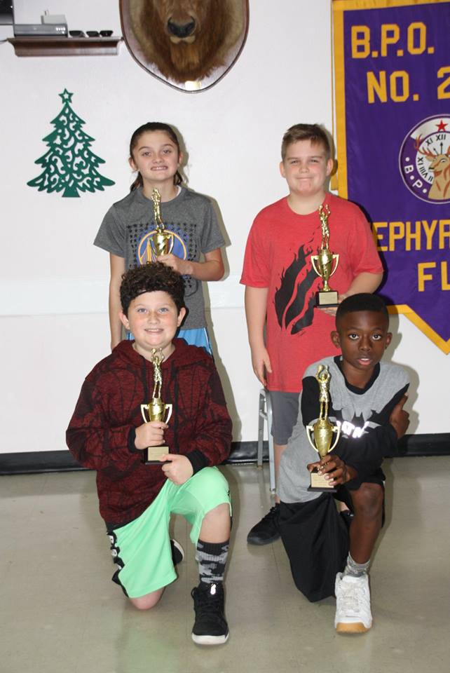 ELKS HOOP SHOOT WINNERS -YMCA -DEC 2018
Zephyrhills Elks Lodge 2731 had local Hoop Shoot competition Saturday, 12/15/2018 at our local YMCA.  The district competition will be held 01/12/2019, at Hudson High School, hosted by Aripeka Elks Lodge.
 
Winners from Zephyrhills Elks Lodge are:
 
Boys: 8-9 Malachi May, 10-11 Clayton Rogers,
12-13 Eeori Pope; Girls: 12-13 Jazmine May
