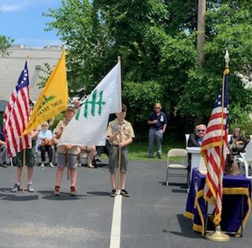 Boy Scouts holding historical flags during 2021 Flag Day ceremony at Howell Elks Lodge  |  June 13, 2021