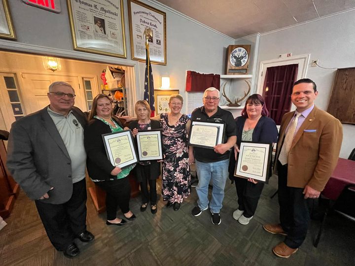 Lodge Scotia Glenville Lodge held a member appreciation and awards dinner on Wednesday March 22nd. Above left to right is Scotia Mayor David Bucciferro, Co-citizen of the Year Khari Santiago, Co-citizen of the Year Janet Riegel, Exalted Ruler Patricia Pytlovany, Officer of the Year Rich Kruk, Elk of the Year Jen Paszkiewitz, and State Assemblyman Angelo Santabarbar